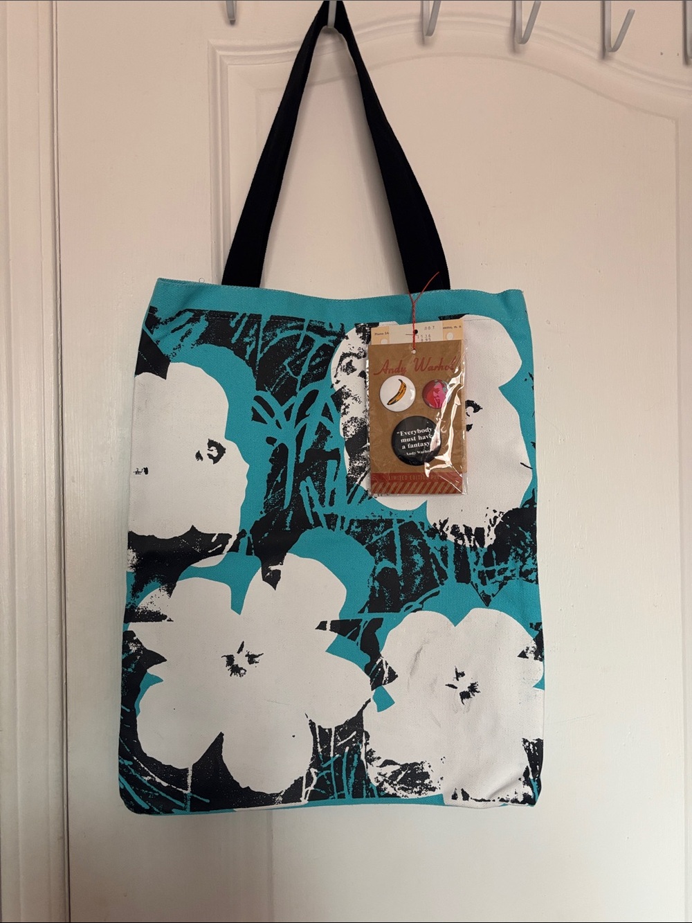 Floral Canvas Tote in Turquoise & White with Black Accents